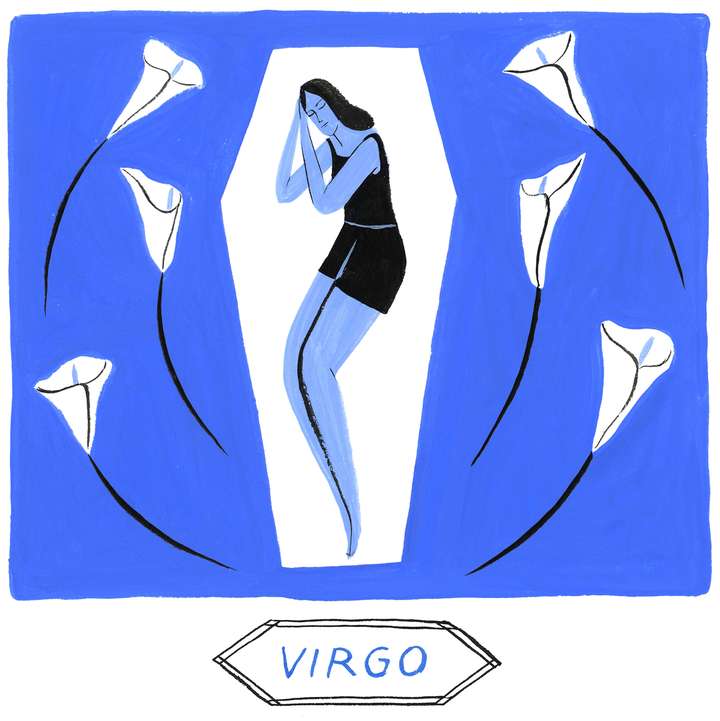 illustration of a Virgo horoscope: a woman sleeping in a coffin surrounded by flowers