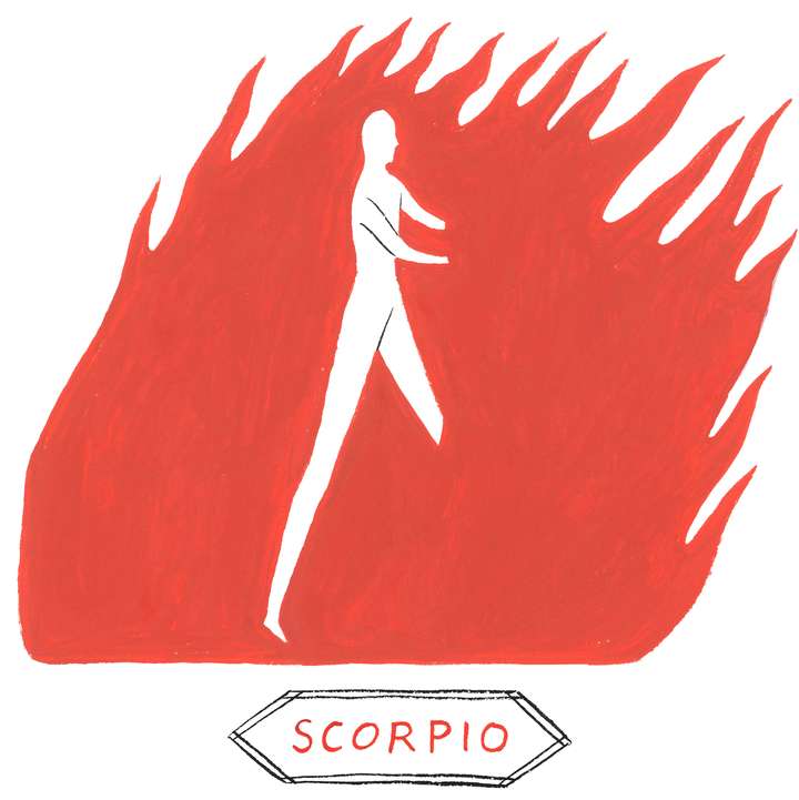 illustration of Scorpio horoscope: figure walking into a fire