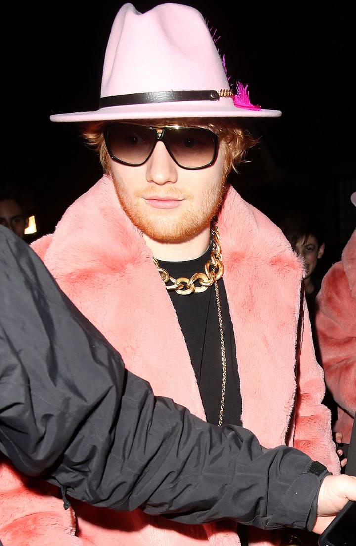 ed sheeran pink coat pink hat